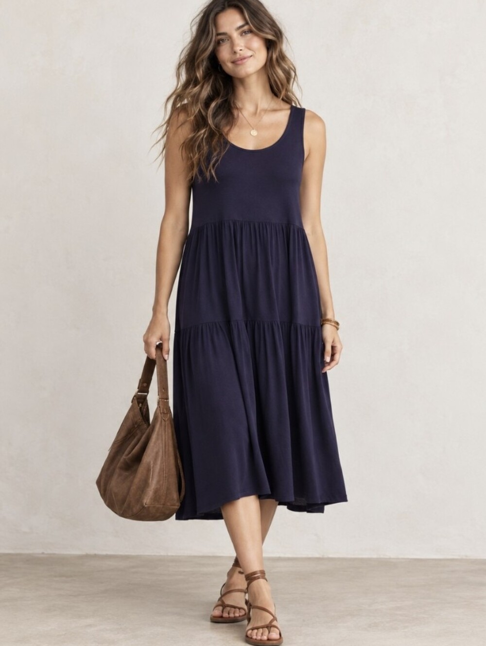 Eileen Fisher Navy Blue Tiered Midi Dress Sleeveless Midnight Sz Medium $198 NWT